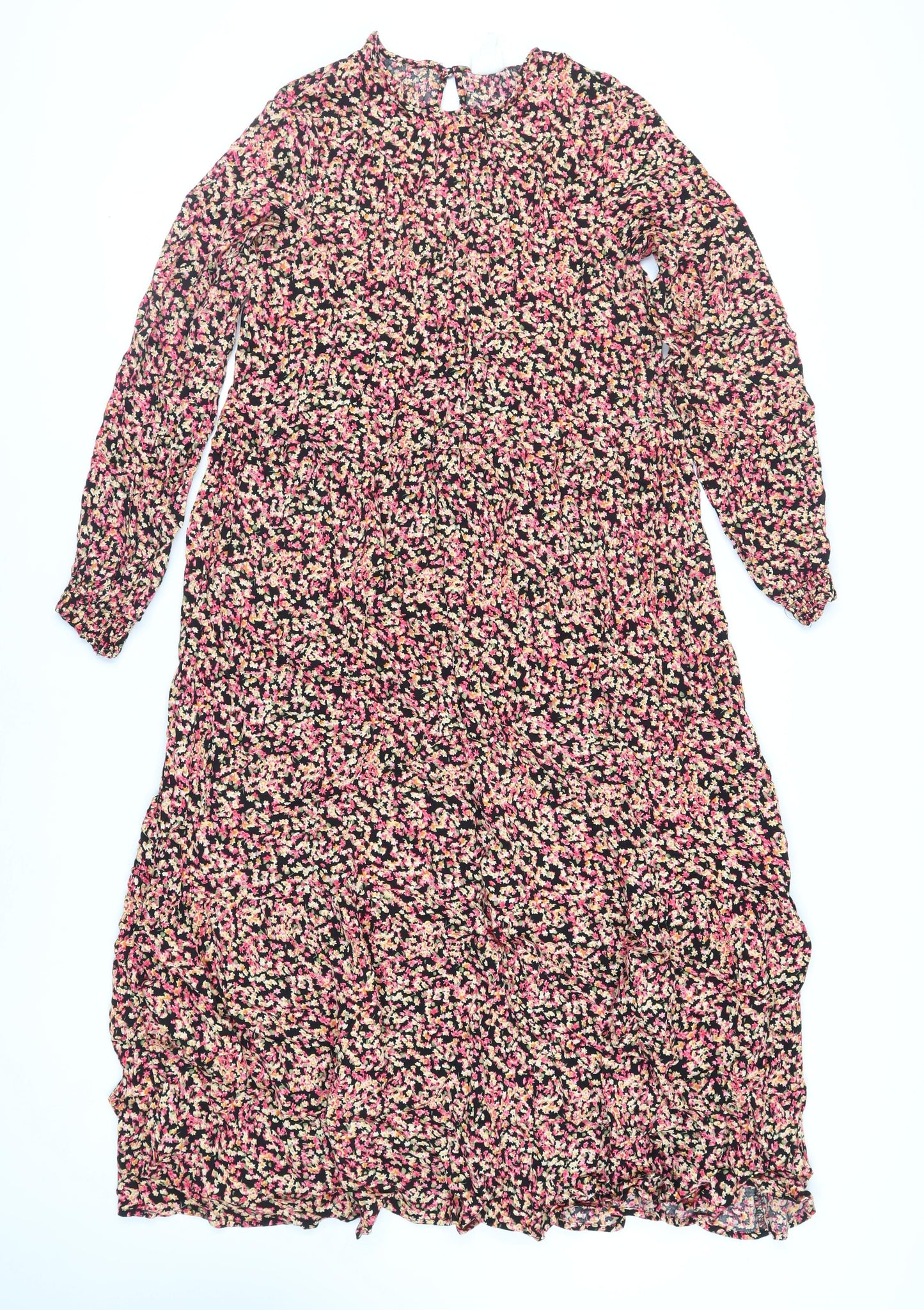 H&M Womens Black Floral Viscose A-Line Size M Round Neck Button