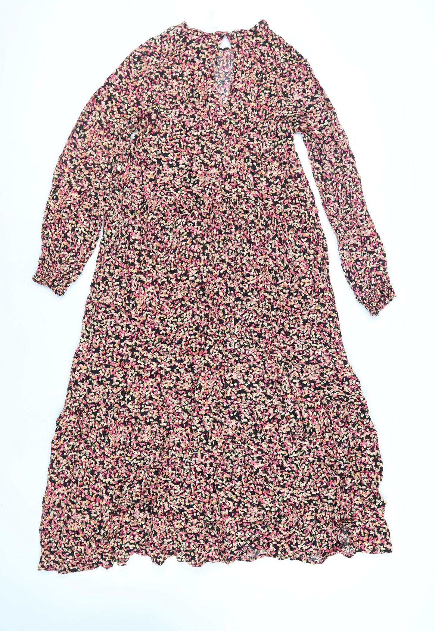 H&M Womens Black Floral Viscose A-Line Size M Round Neck Button