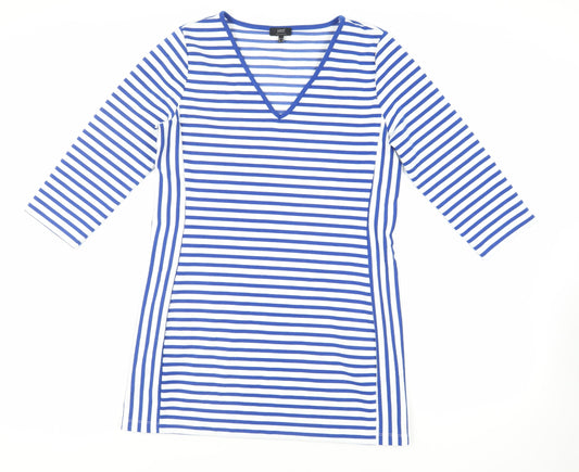 Yest Womens Blue Striped Polyester Mini Size 14 V-Neck Pullover