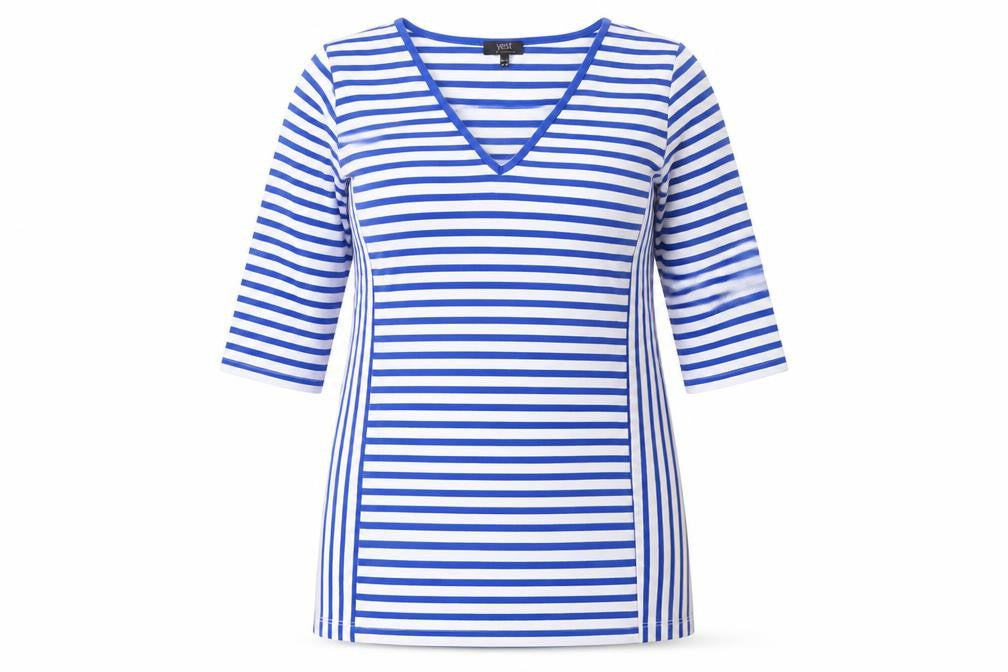 Yest Womens Blue Striped Polyester Mini Size 14 V-Neck Pullover