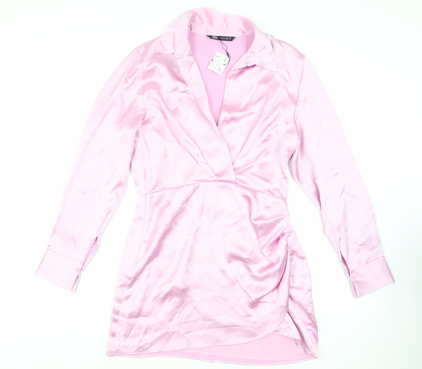 Zara Womens Pink Polyester Shirt Dress Size L Collared Zip