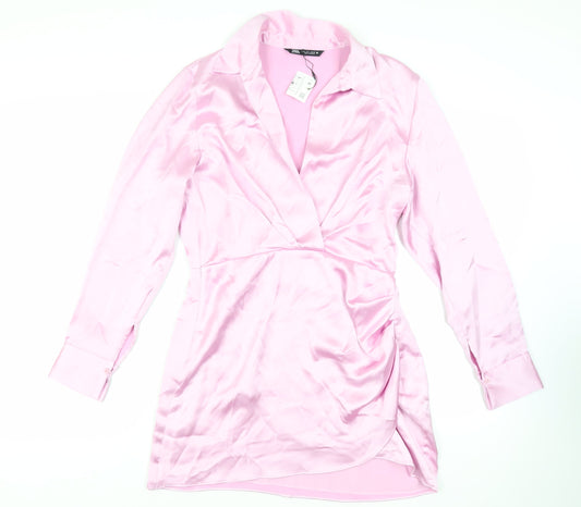 Zara Womens Pink Polyester Shirt Dress Size L Collared Zip