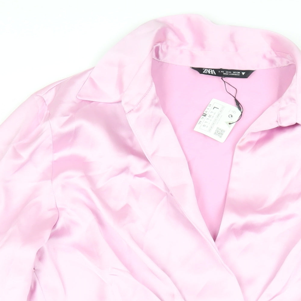 Zara Womens Pink Polyester Shirt Dress Size L Collared Zip