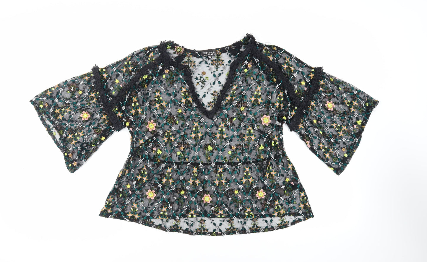 Topshop Womens Black Floral Nylon Basic Blouse Size 10 V-Neck - Embroidered Sheer