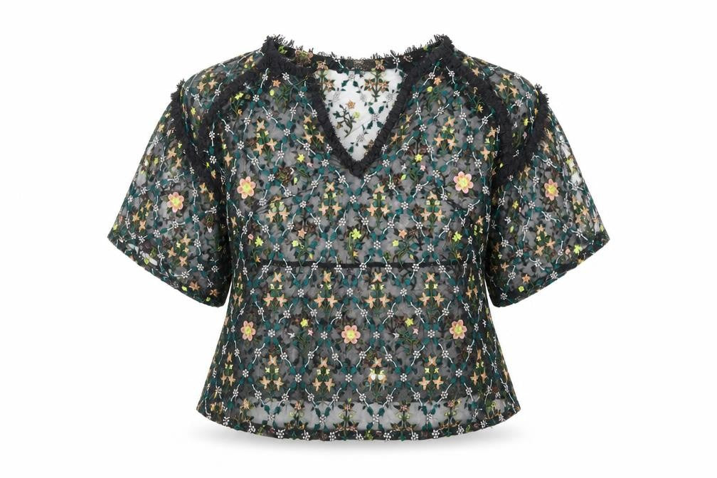 Topshop Womens Black Floral Nylon Basic Blouse Size 10 V-Neck - Embroidered Sheer