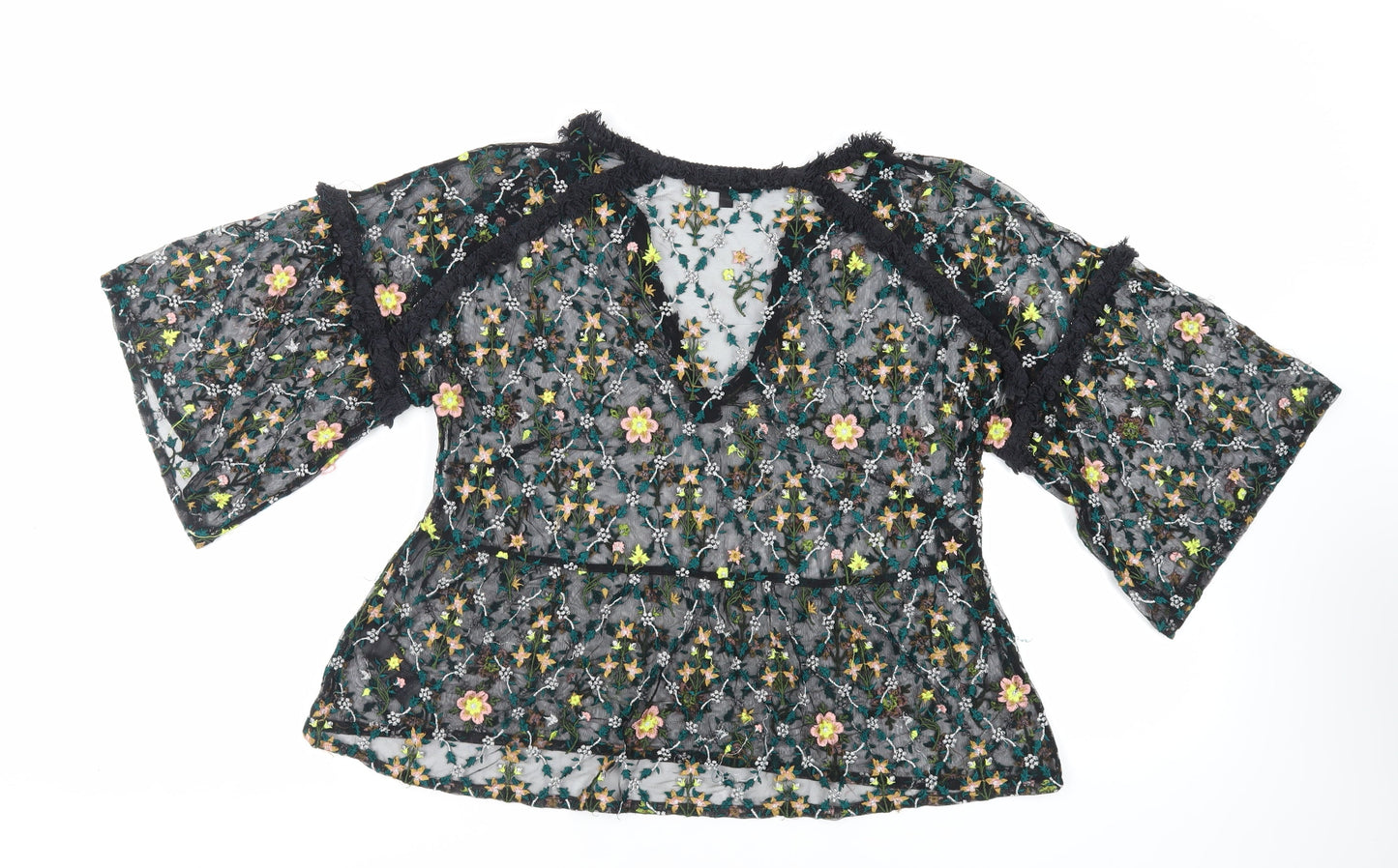 Topshop Womens Black Floral Nylon Basic Blouse Size 10 V-Neck - Embroidered Sheer