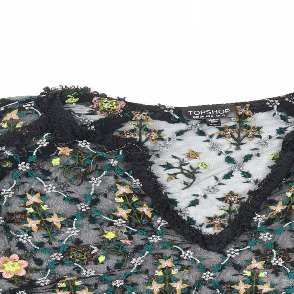 Topshop Womens Black Floral Nylon Basic Blouse Size 10 V-Neck - Embroidered Sheer