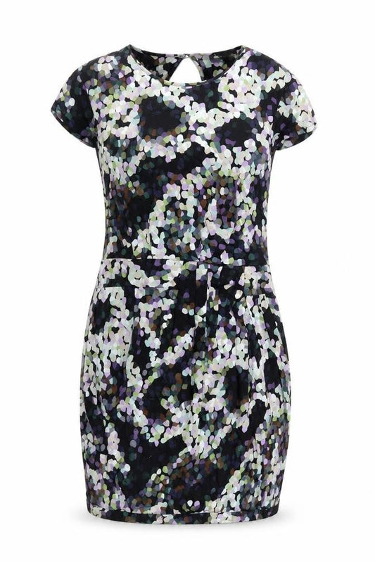 Warehouse Womens Black Geometric Viscose Mini Size 8 Round Neck Button