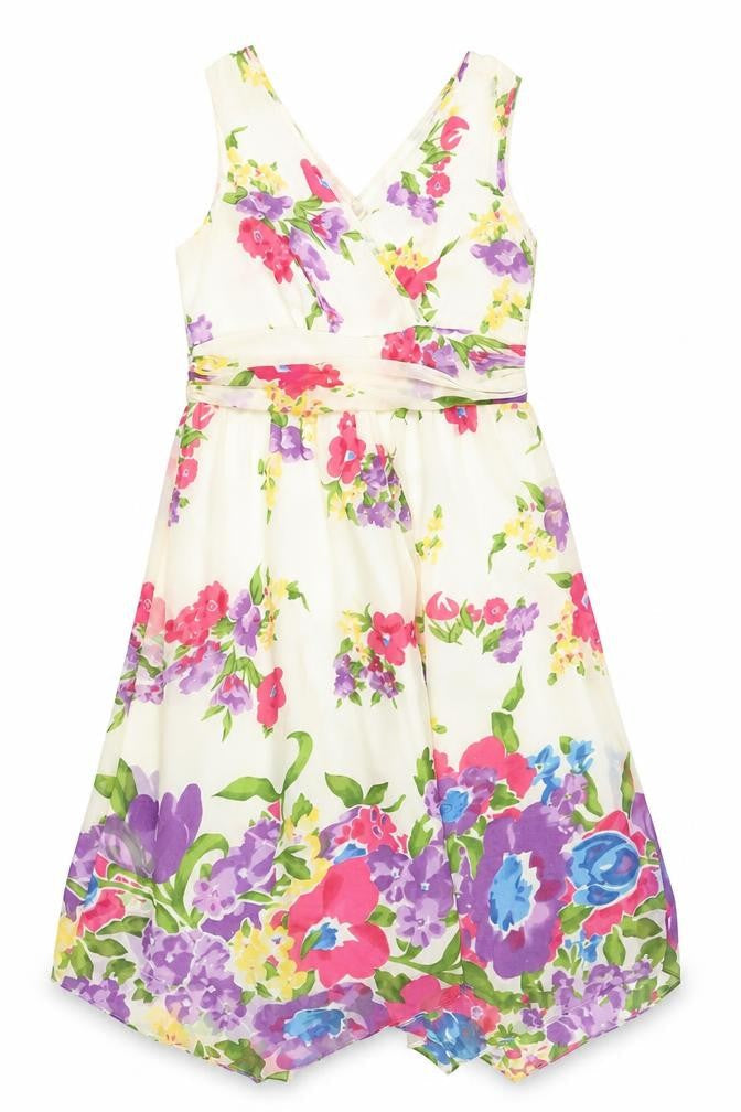 Pomodoro Womens Ivory Floral Polyester Fit & Flare Size 12 V-Neck Zip - Lined