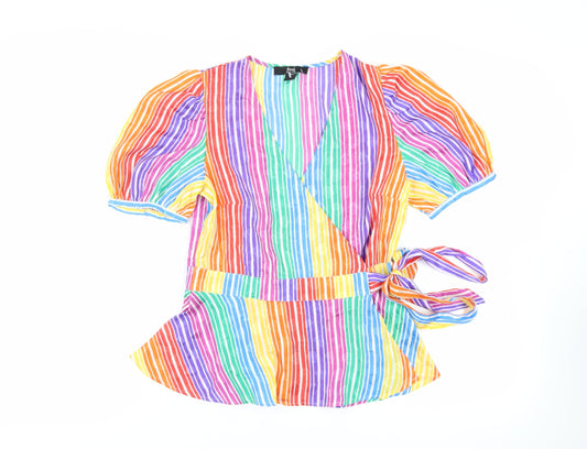 Preloved Find Womens Multicoloured Striped Polyester Wrap Blouse Size 10 V-Neck - Front