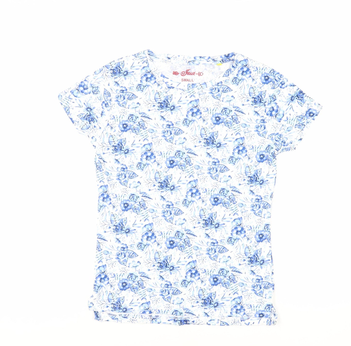 Jessi Womens Blue Floral Cotton Basic T-Shirt Size S Crew Neck