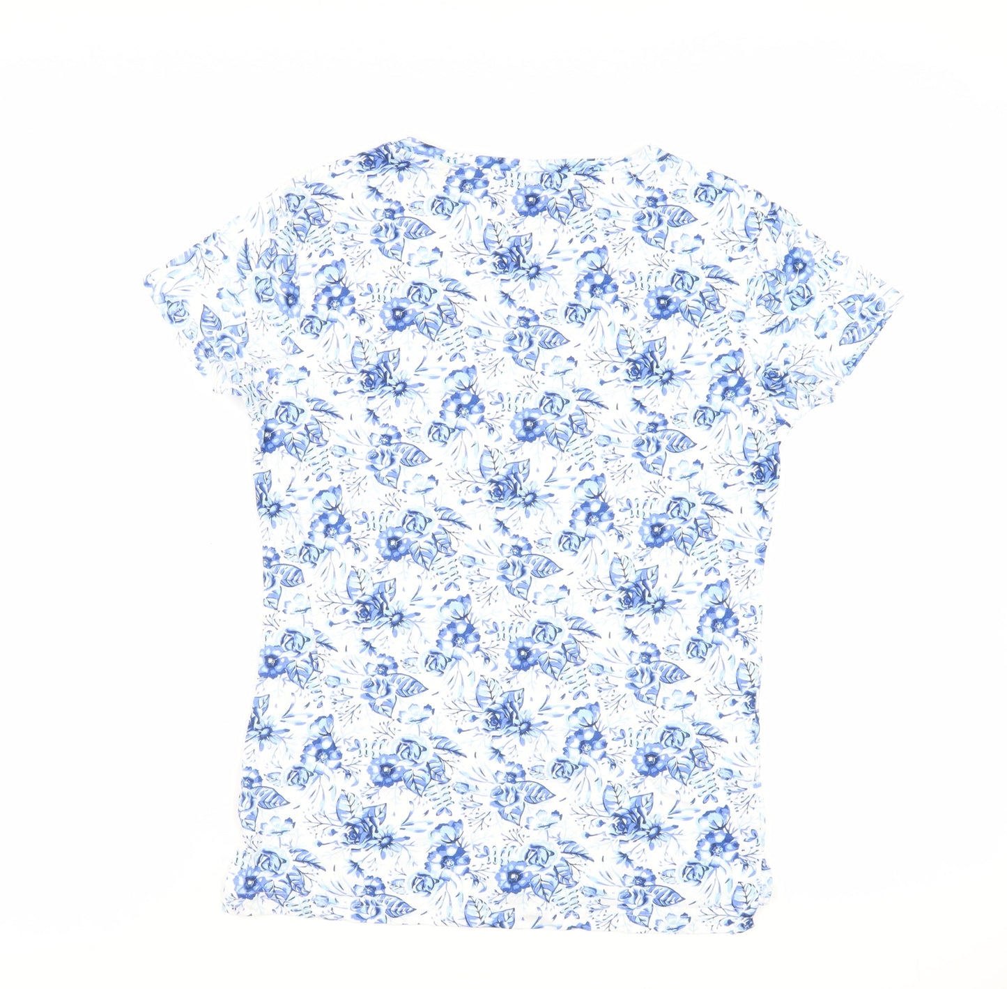 Jessi Womens Blue Floral Cotton Basic T-Shirt Size S Crew Neck