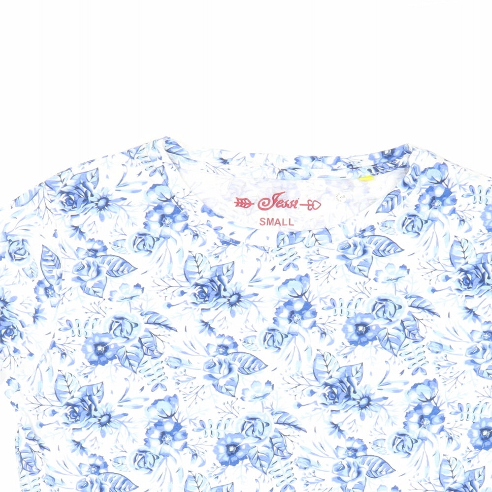 Jessi Womens Blue Floral Cotton Basic T-Shirt Size S Crew Neck