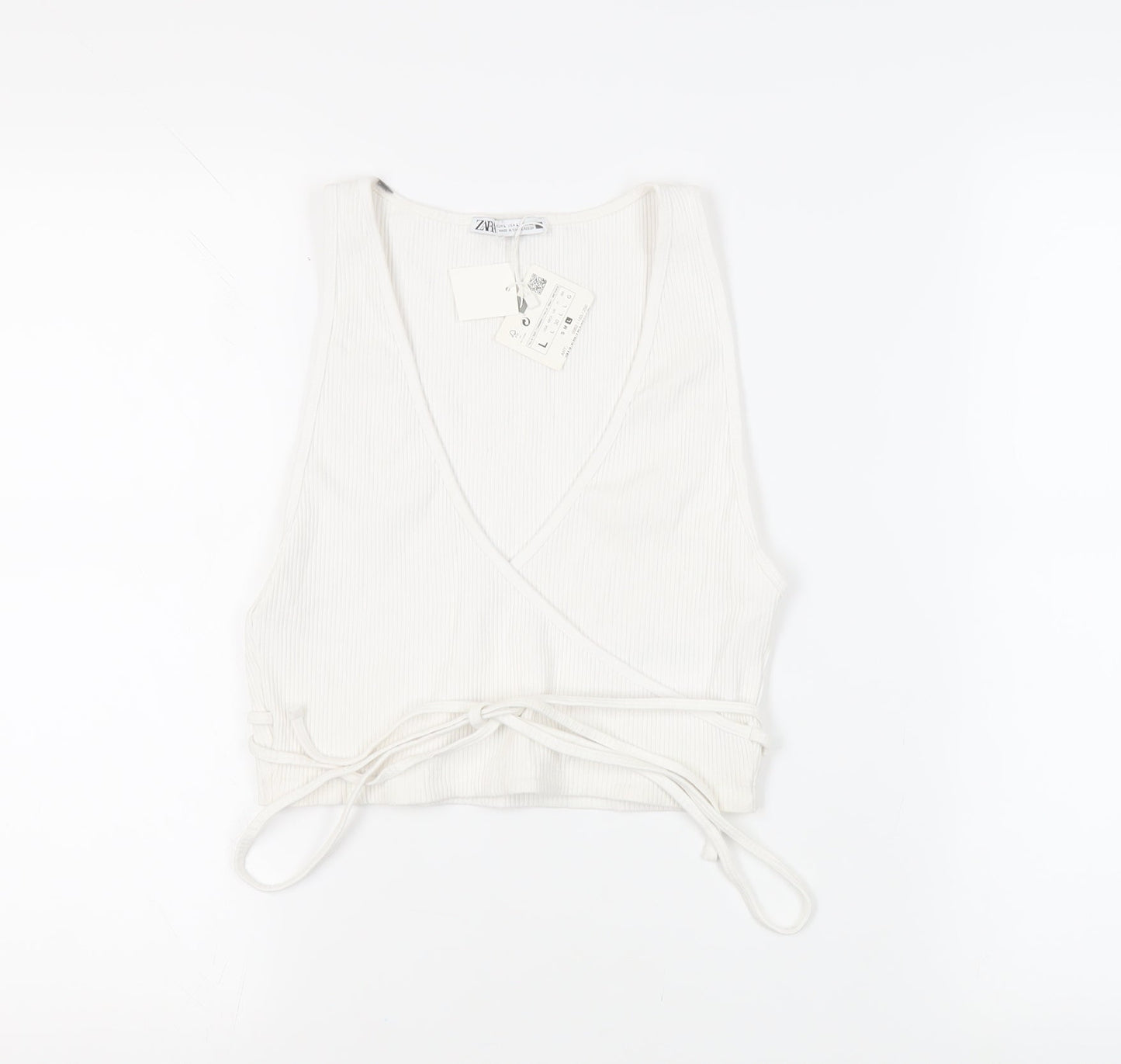 Zara Womens White Cotton Cropped Tank Size L V-Neck - Ribbed