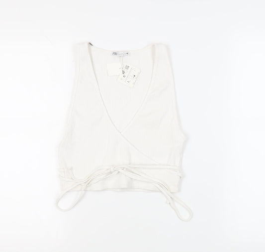 Zara Womens White Cotton Cropped Tank Size L V-Neck - Ribbed