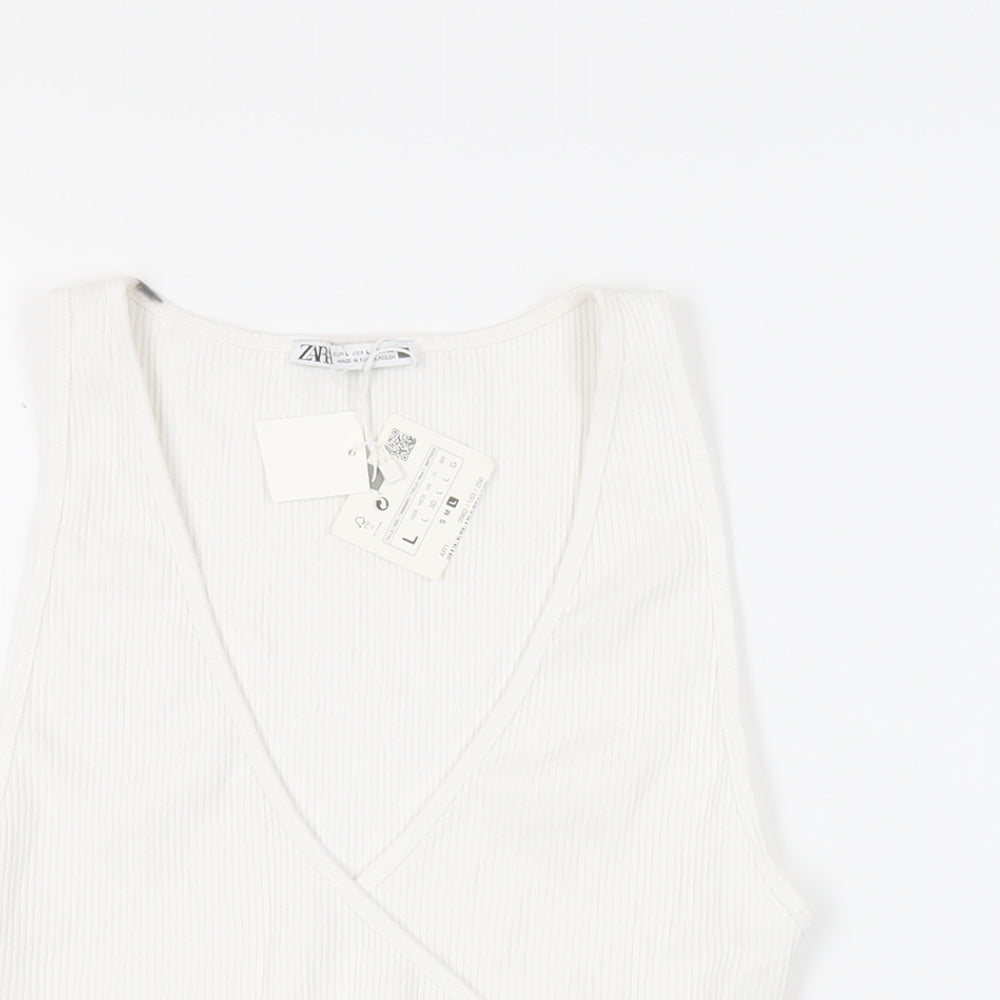 Zara Womens White Cotton Cropped Tank Size L V-Neck - Ribbed