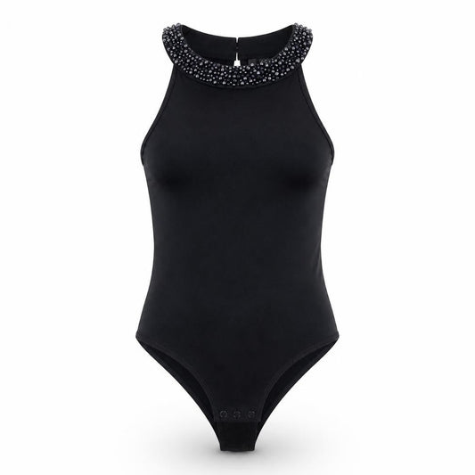 Forever New Womens Black Cotton Bodysuit One-Piece Size 6 Snap - Beaded Neckline