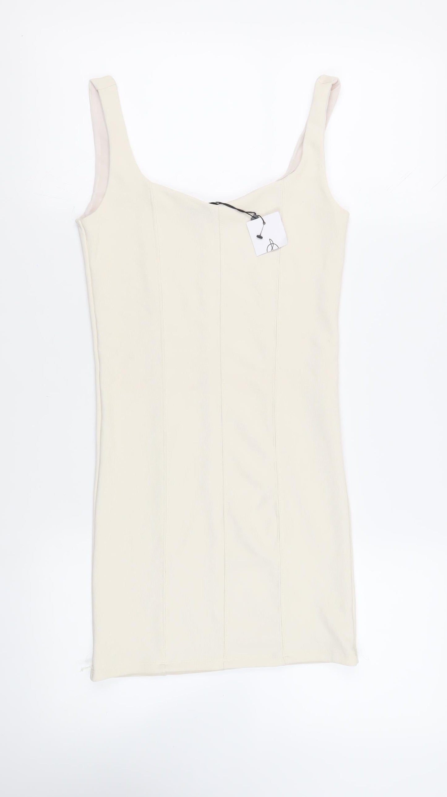 Stradivarius Womens Ivory Polyester Tank Dress Size S Scoop Neck Pullover - Ribbed