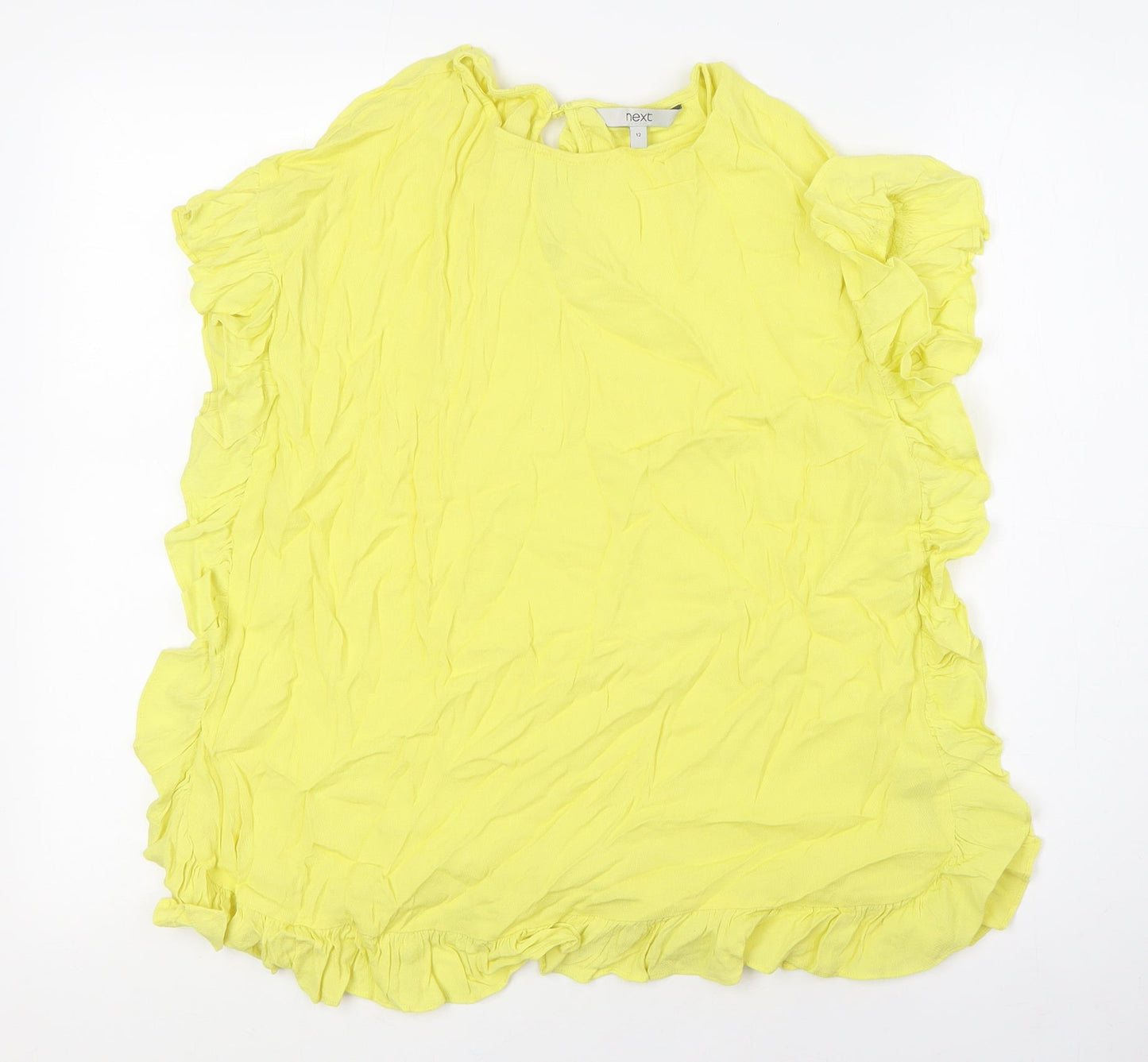 NEXT Womens Yellow Viscose Basic Button-Up Size 12 Round Neck - Ruffles
