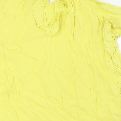 Next Womens Yellow Viscose Basic Button-Up Size 12 Round Neck - Ruffles