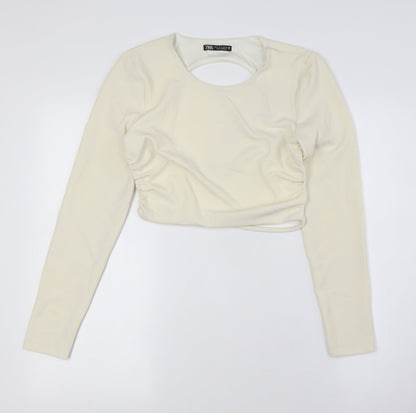 Zara Womens Ivory Polyester Cropped Button-Up Size M Round Neck - Backless