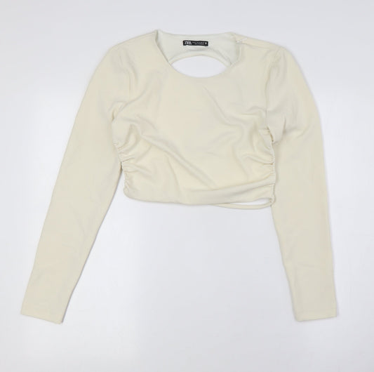 Zara Womens Ivory Polyester Cropped Button-Up Size M Round Neck - Backless