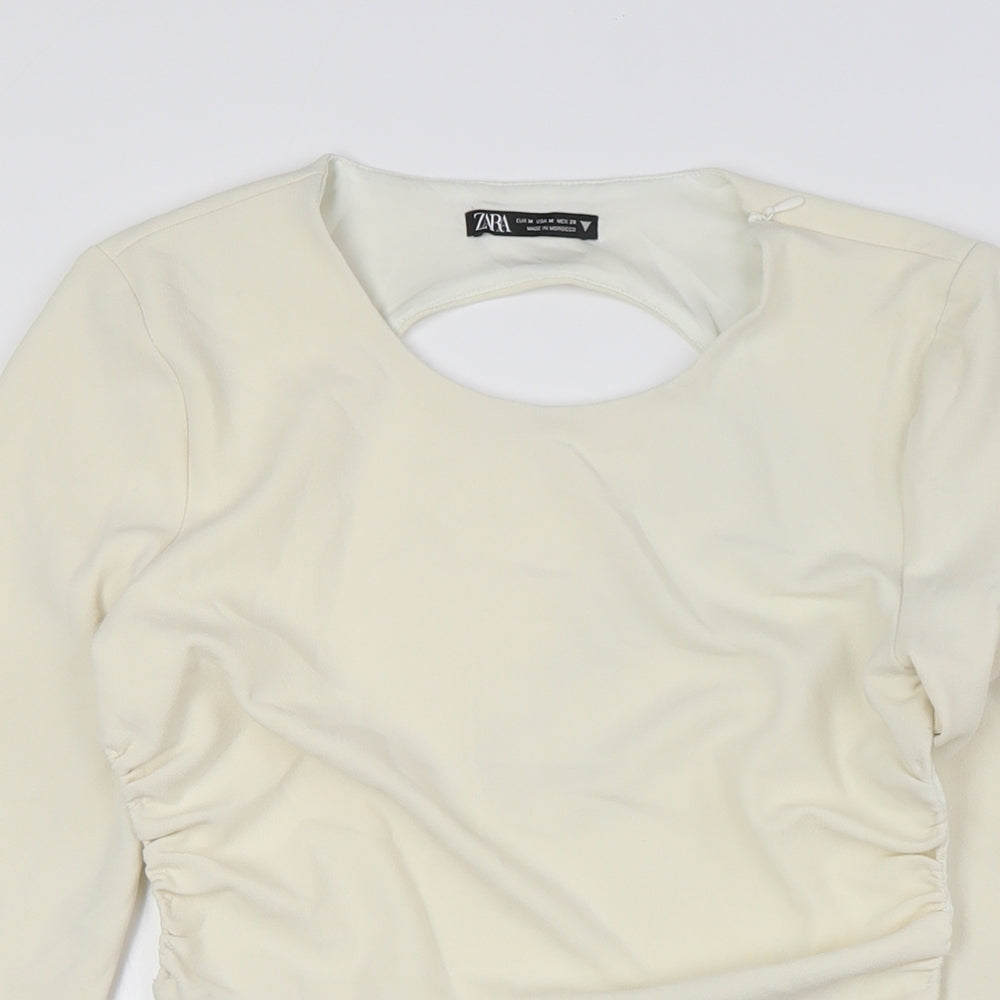 Zara Womens Ivory Polyester Cropped Button-Up Size M Round Neck - Backless