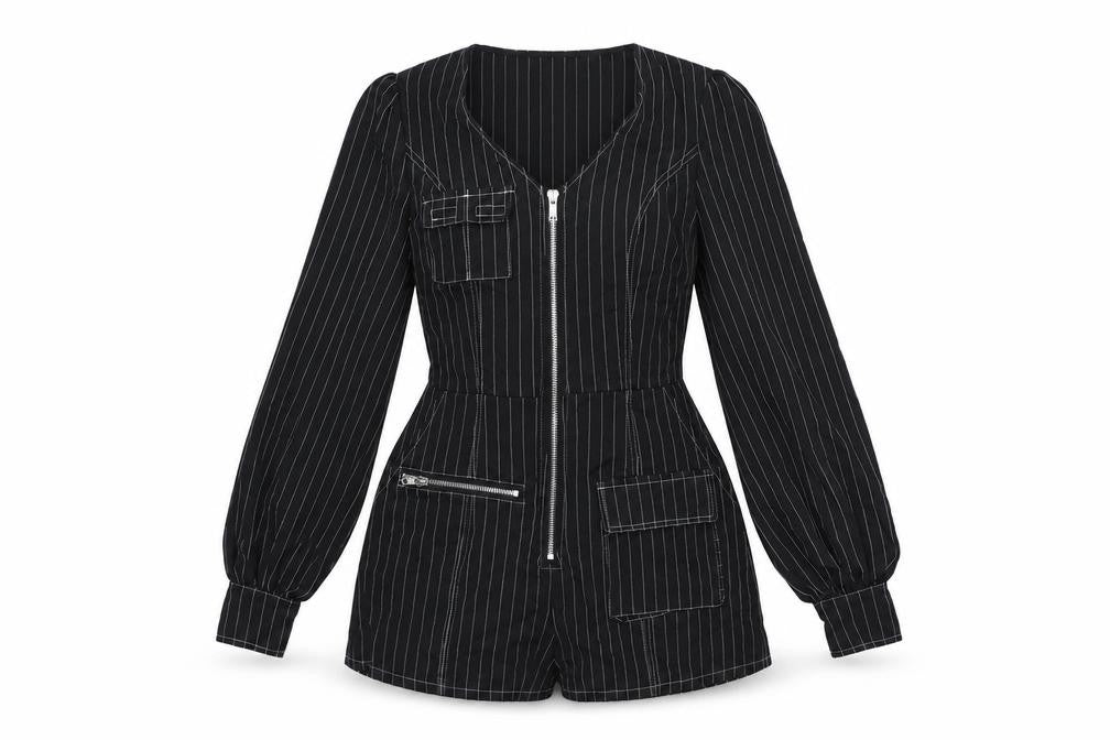 Missguided Womens Black Striped Polyester Playsuit One-Piece Size 6 - Zip pocket