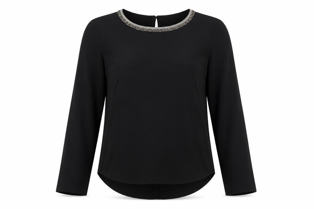 H&M Womens Black Polyester Basic Button-Up Size 6 Round Neck - Embellished Collar