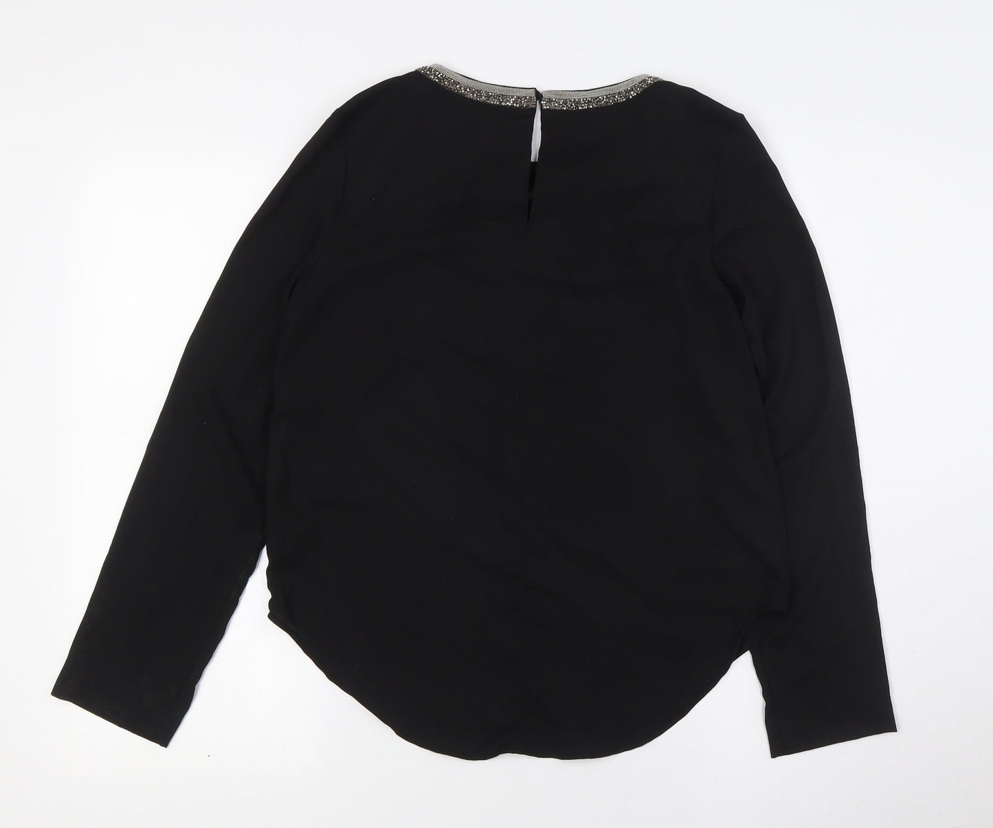 H&M Womens Black Polyester Basic Button-Up Size 6 Round Neck - Embellished Collar