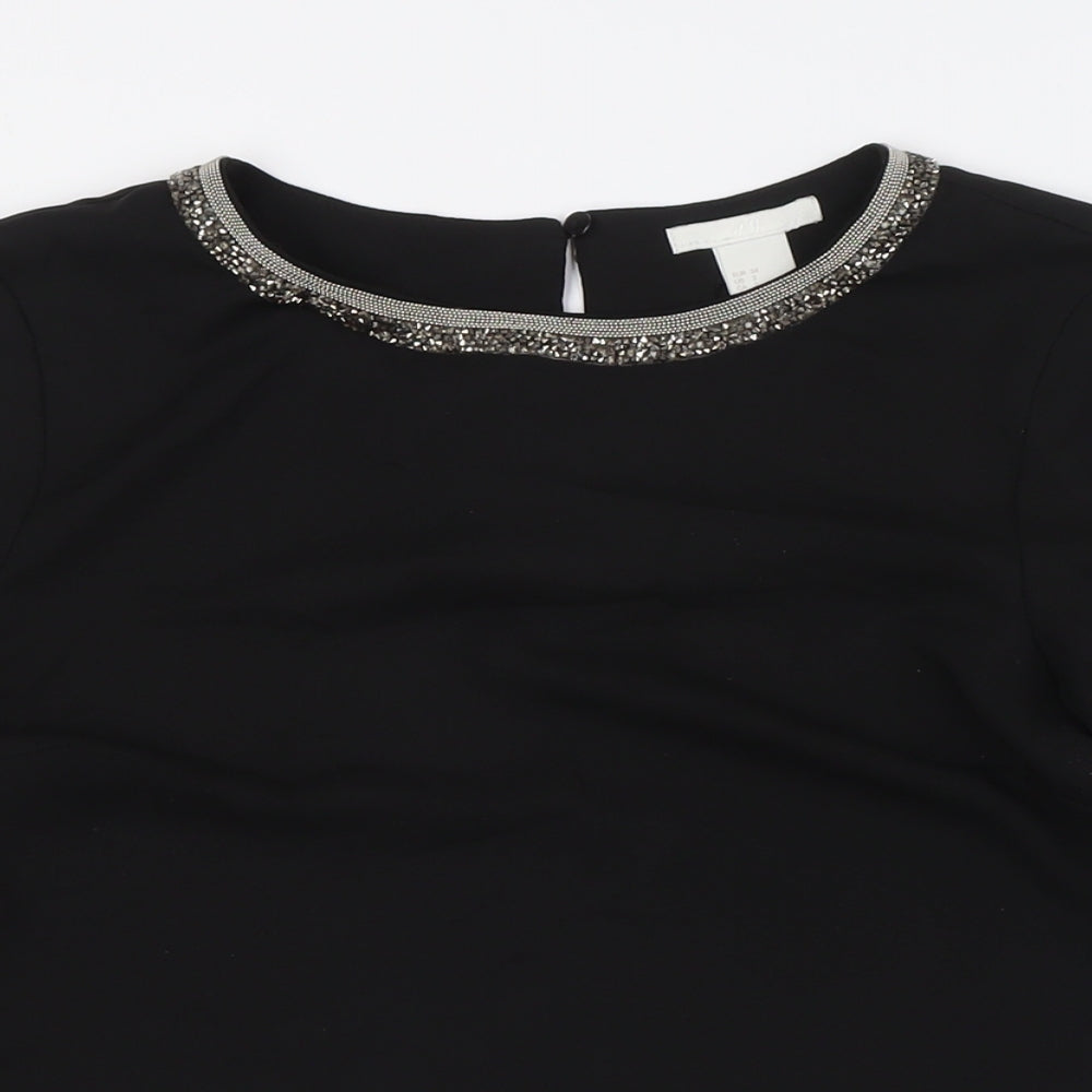 H&M Womens Black Polyester Basic Button-Up Size 6 Round Neck - Embellished Collar