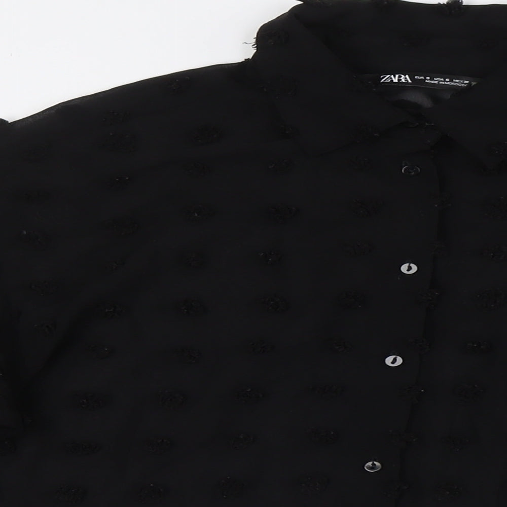 Zara Womens Black Polyester Basic Button-Up Size S Collared