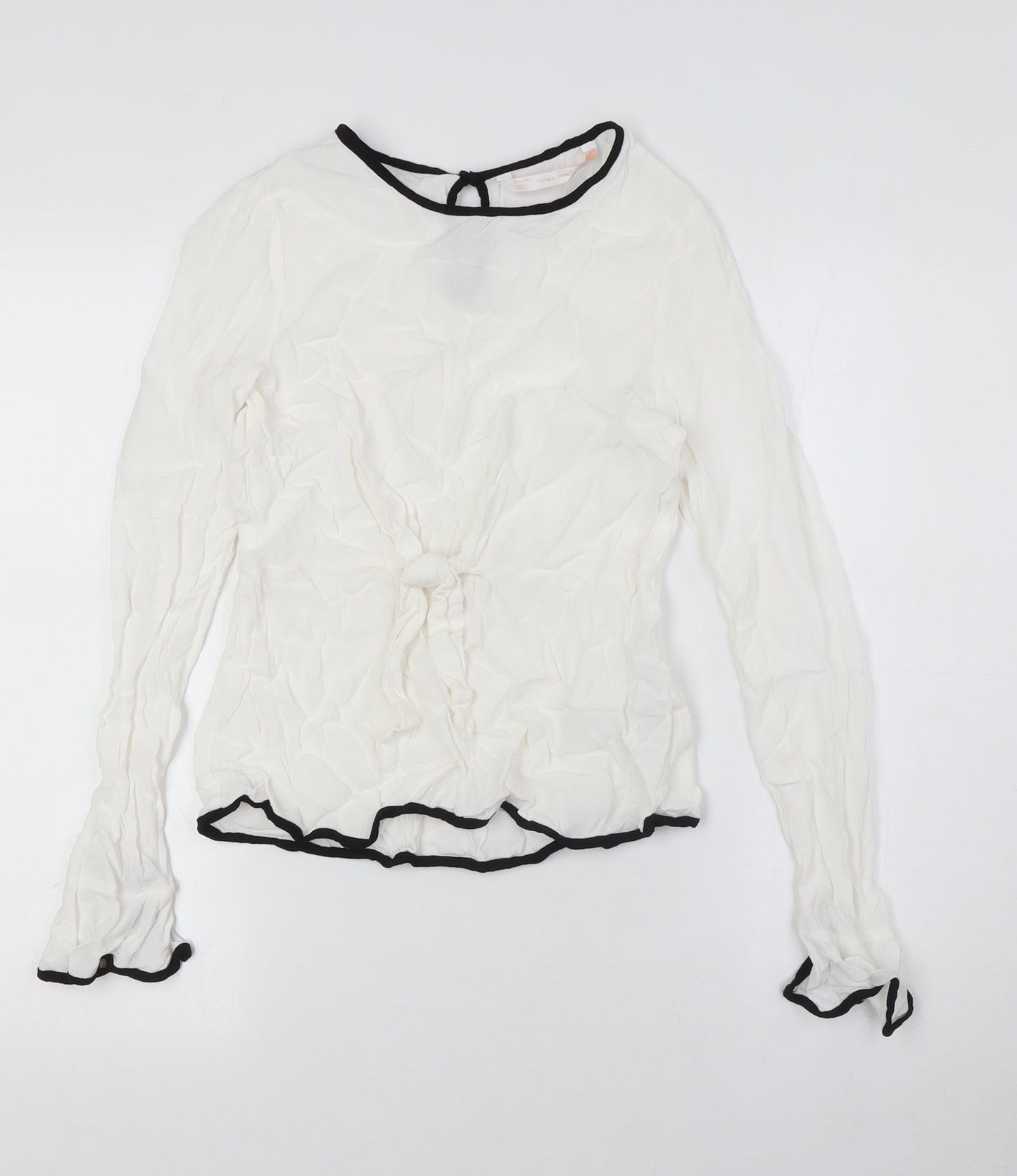 Zara Womens White Viscose Basic Button-Up Size S Round Neck - Knot Front