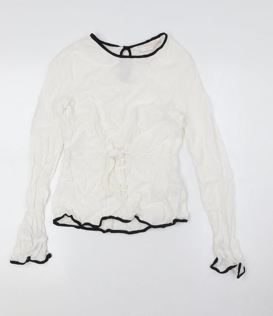 Zara Womens White Viscose Basic Button-Up Size S Round Neck - Knot Front