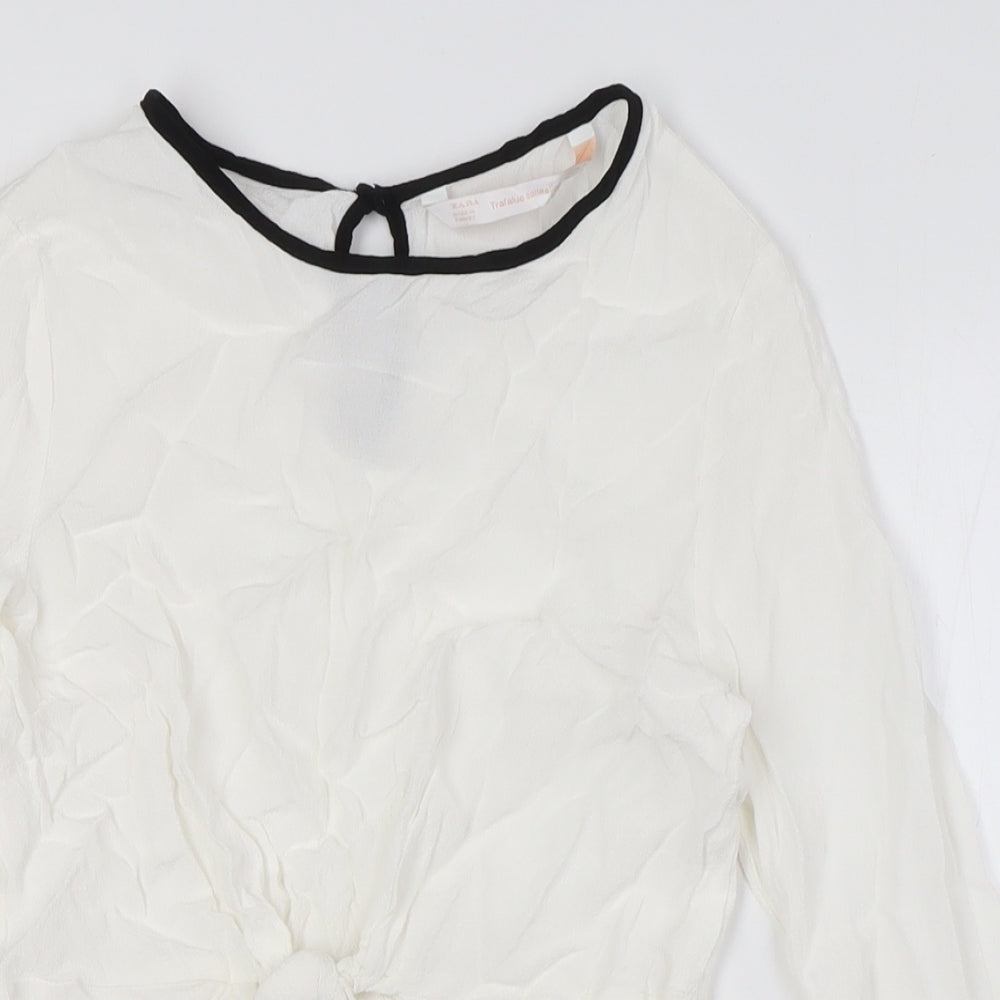 Zara Womens White Viscose Basic Button-Up Size S Round Neck - Knot Front