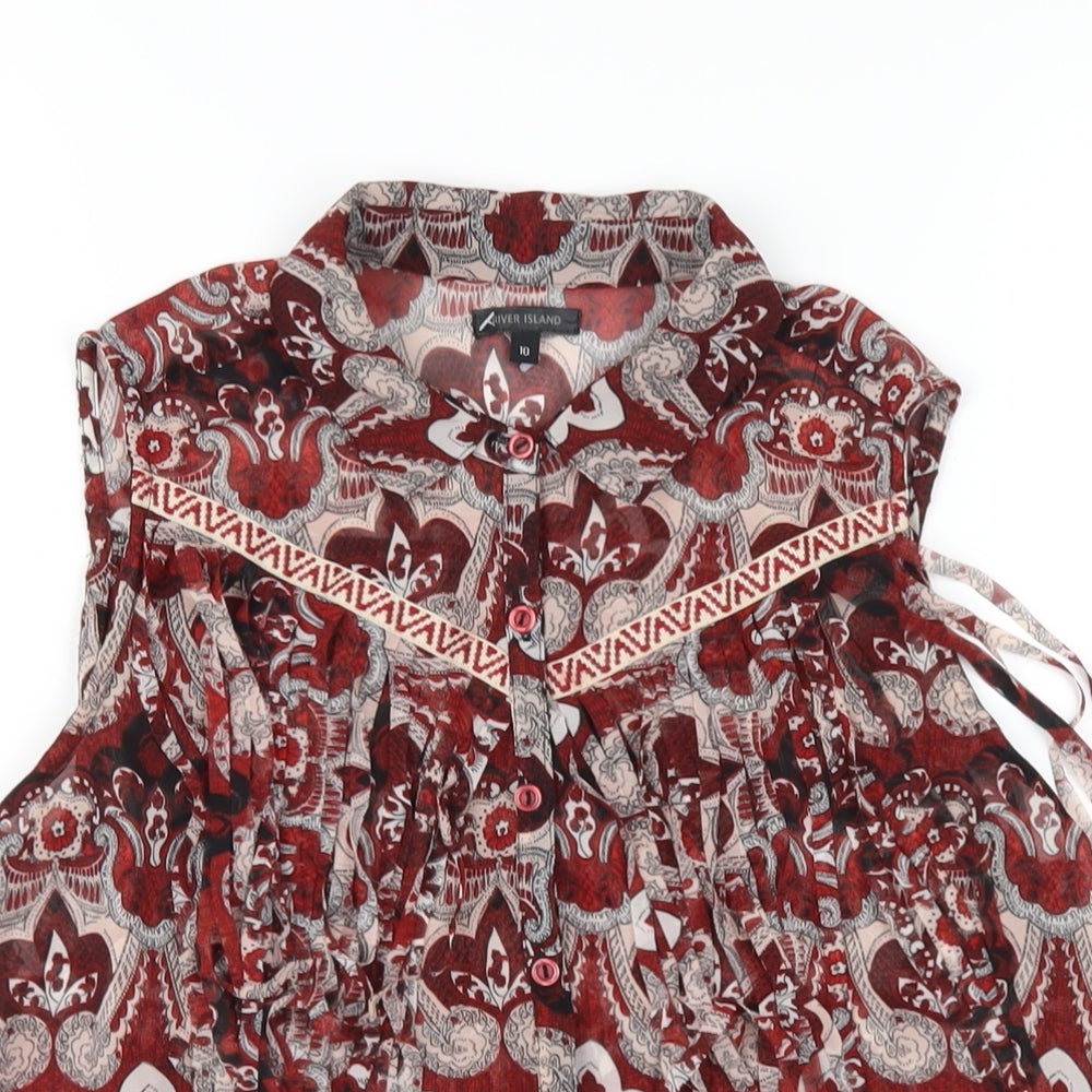 River Island Womens Red Geometric Polyester Basic Button-Up Size 10 Collared