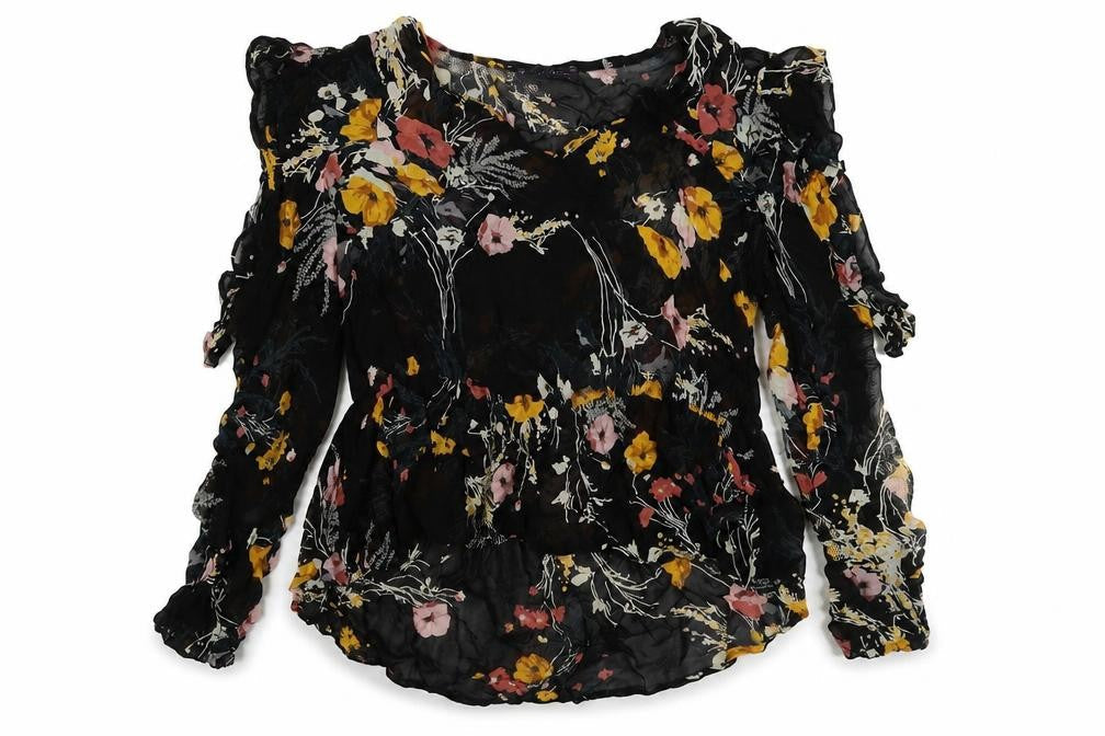 Marks & Spencer Womens Black Floral Viscose Basic Blouse Size 16 Round Neck - Cold Shoulder