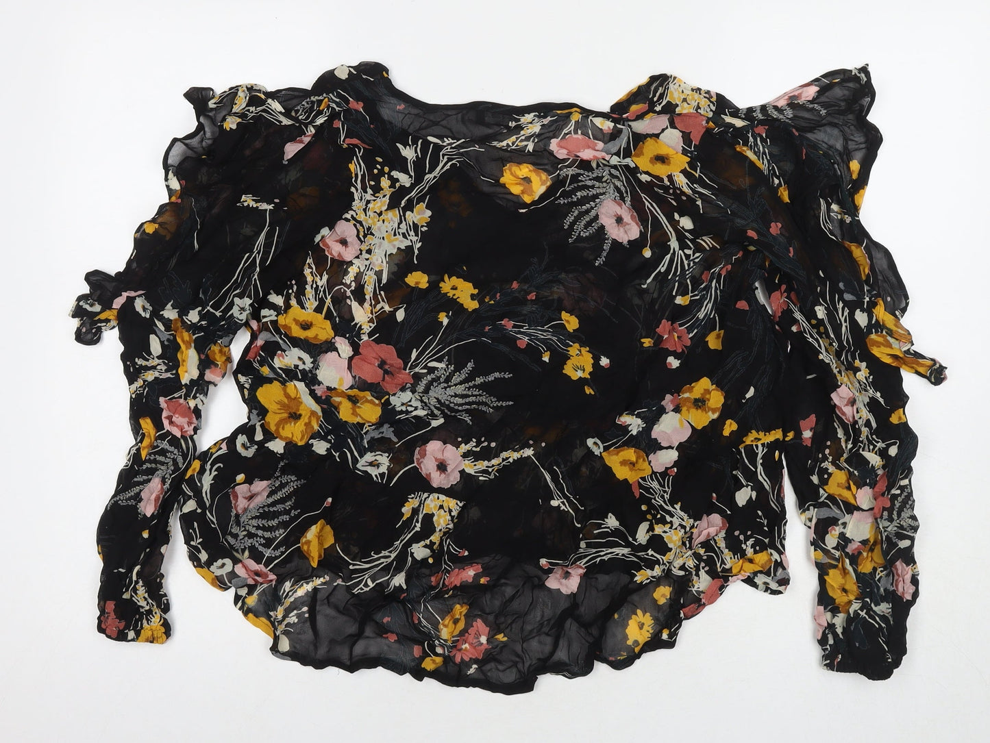 Marks and Spencer Womens Black Floral Viscose Basic Blouse Size 16 Round Neck - Cold Shoulder