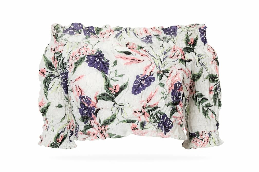 Divided by H&M Womens Multicoloured Floral Viscose Cropped T-Shirt Size 10 Off the Shoulder