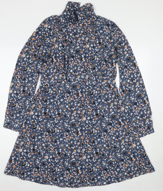 Marks and Spencer Womens Blue Floral Polyester A-Line Size 12 Collared Pullover