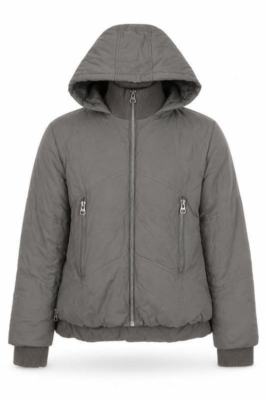 Front view of ASOS women’s grey puffer jacket jacket, size UK 10, zip