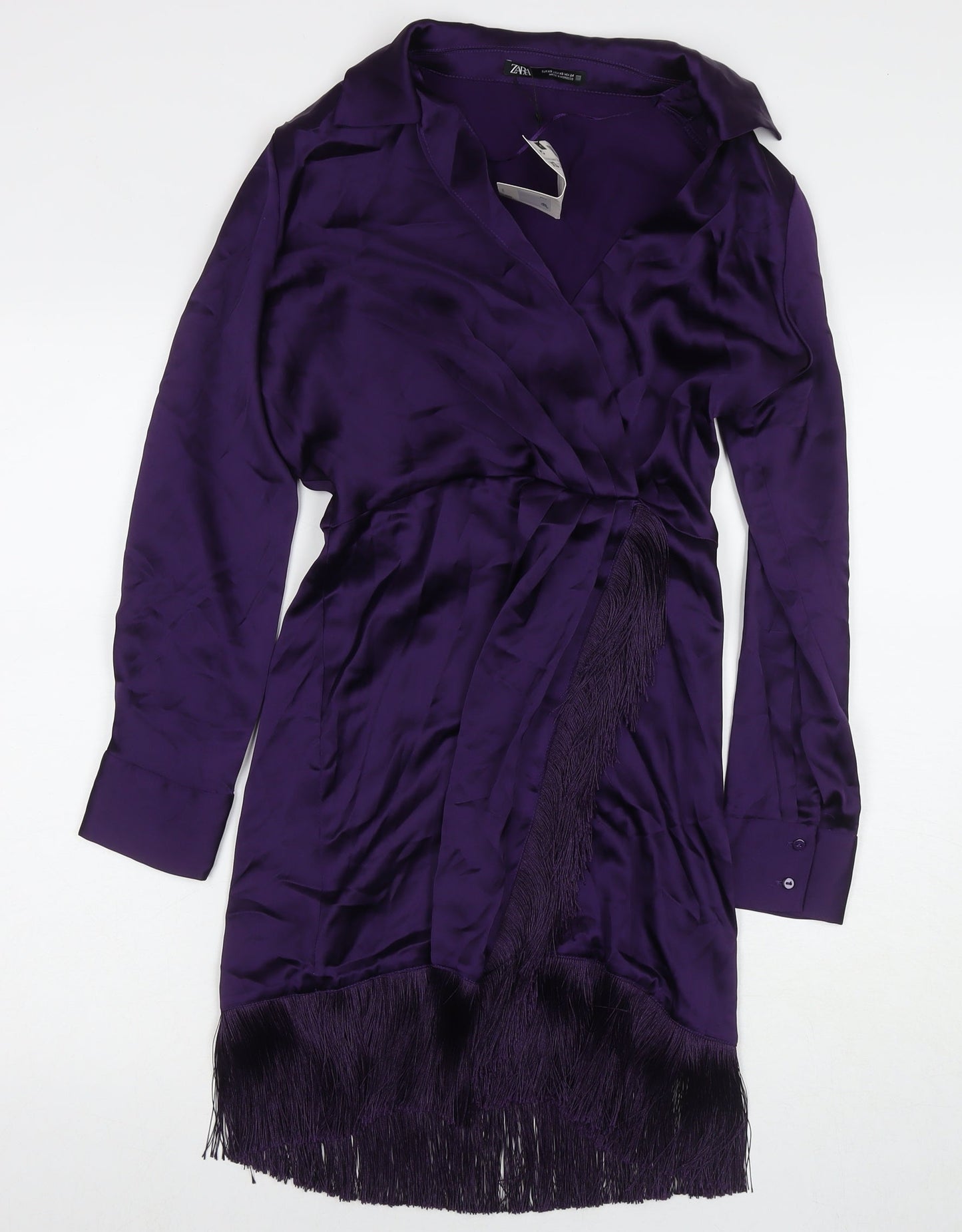 Zara Womens Purple Polyester A-Line Size XS V-Neck Zip - Tasseled