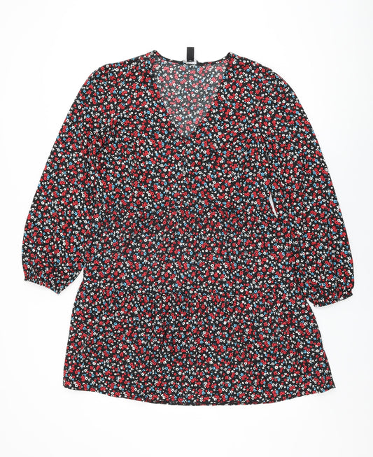 New Look Womens Black Floral Polyester Shift Size 10 V-Neck Pullover