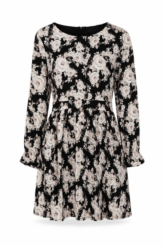Goldkid Womens Black Floral Polyester Skater Dress Size 12 Round Neck Zip