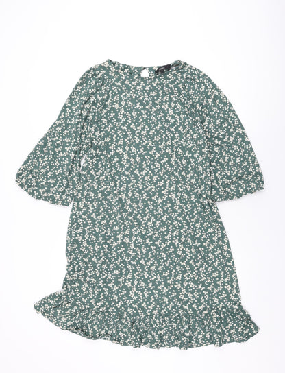 Next Womens Green Floral Viscose Shift Size 12 Round Neck Button