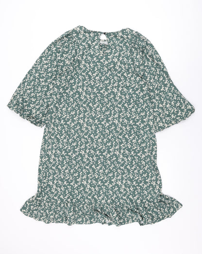 Next Womens Green Floral Viscose Shift Size 12 Round Neck Button