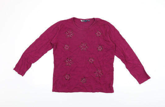 Isle Womens Pink Floral Cotton Basic T-Shirt Size M Round Neck