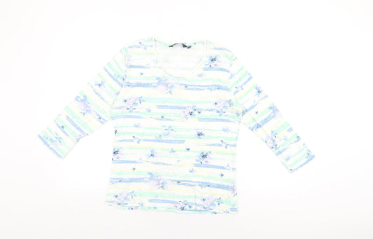 Isle Womens White Floral Cotton Basic T-Shirt Size 14 Round Neck