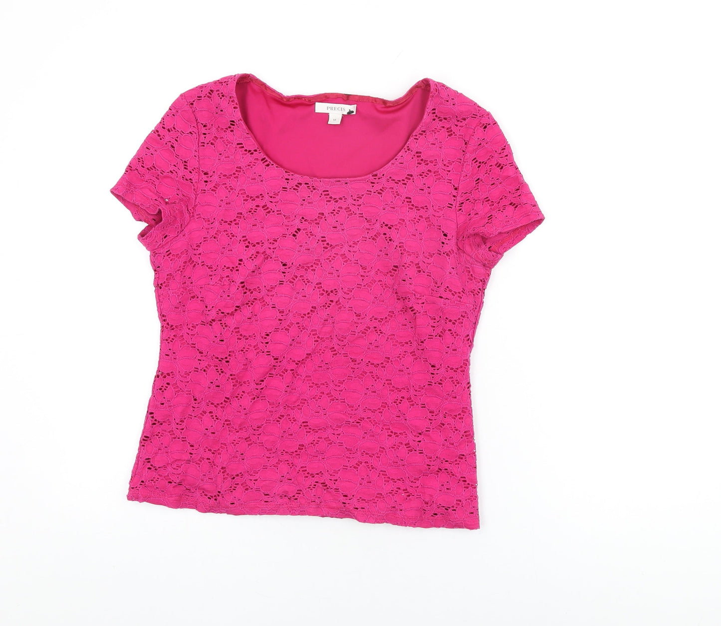 Precis Womens Pink Floral Nylon Basic T-Shirt Size M Round Neck