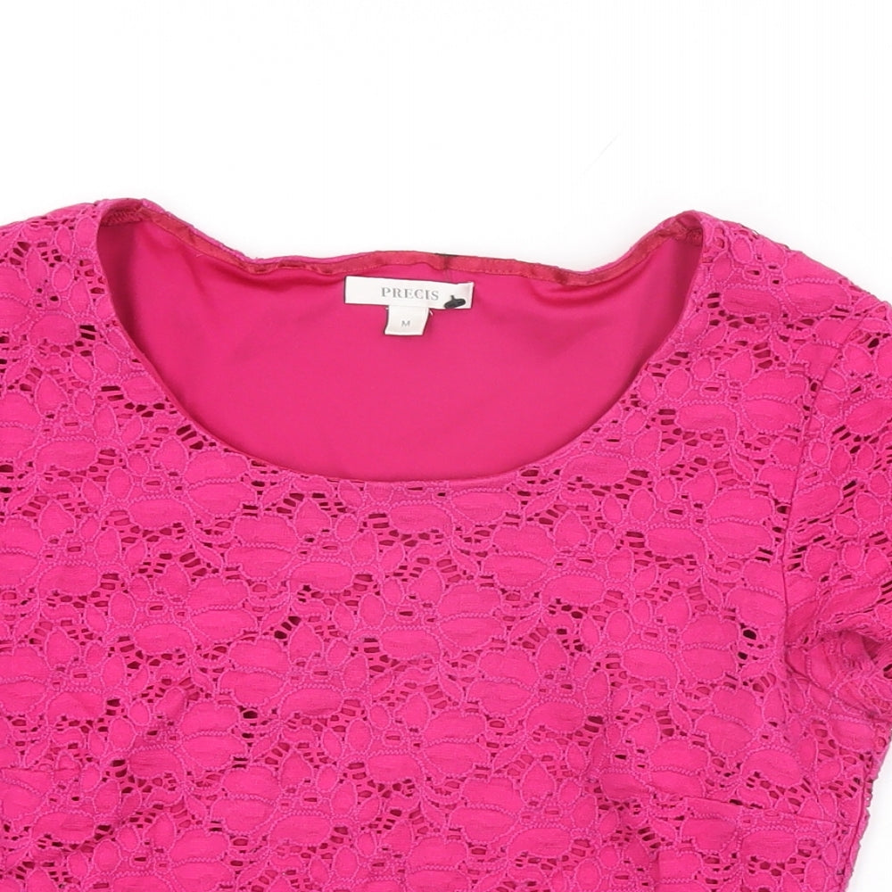 Precis Womens Pink Floral Nylon Basic T-Shirt Size M Round Neck